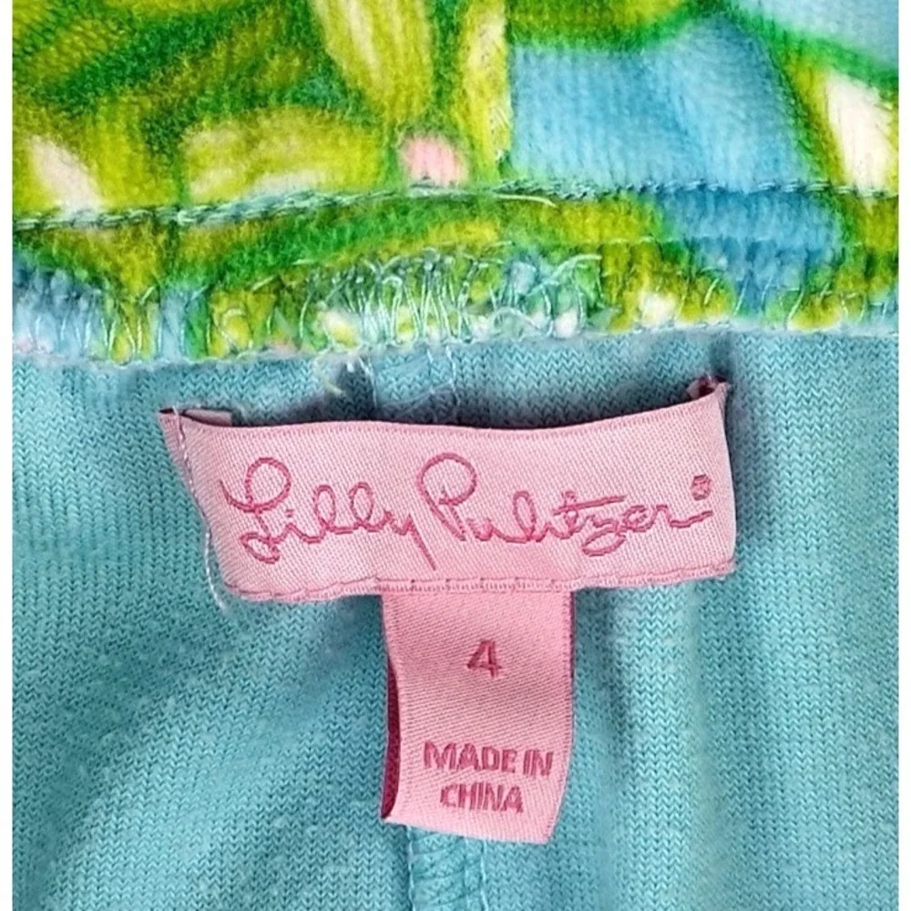 Lilly Pultizer Girls Sz 4 Aqua Blue Terry Cloth Pant Bottoms Pink Green Floral